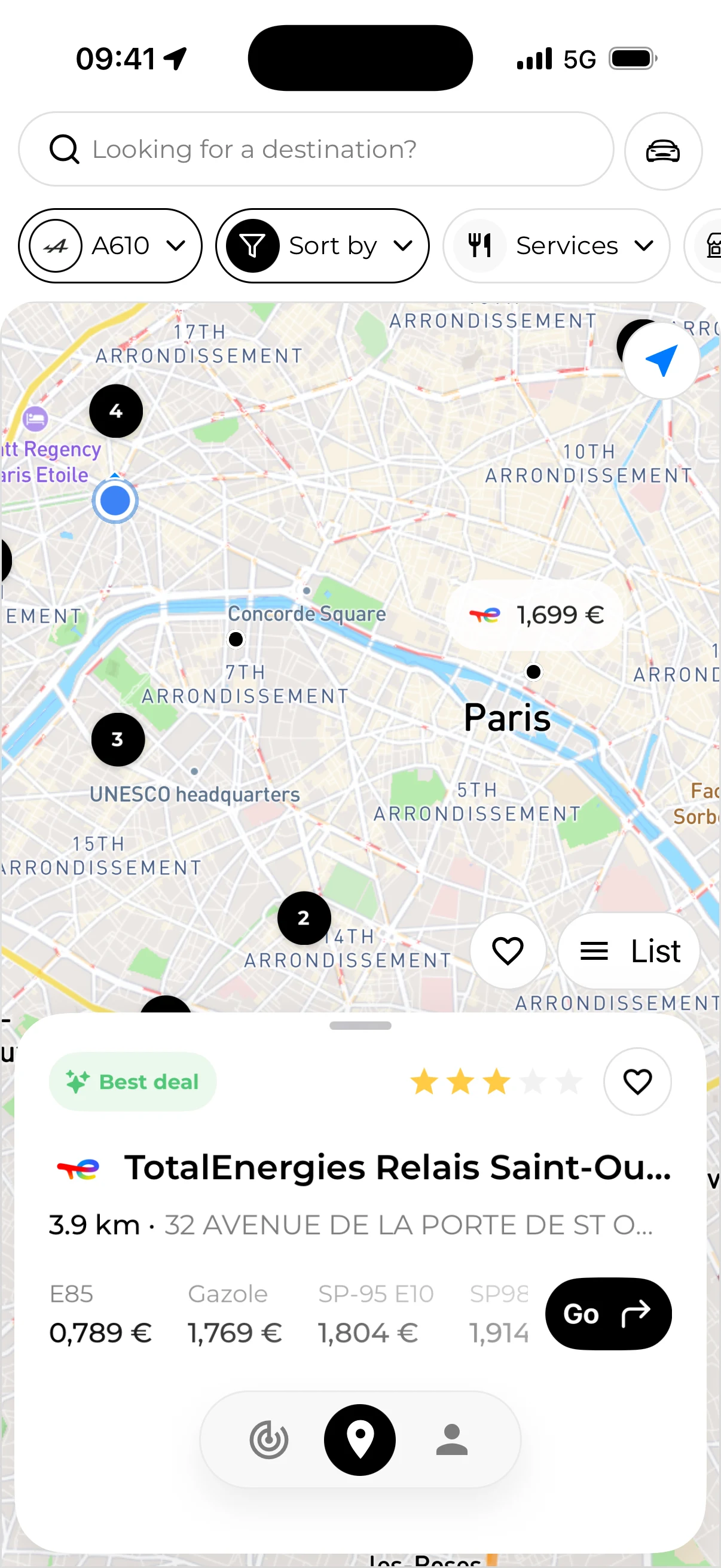 Carte Fillzz avec les stations, les prix du carburant et la station sélectionnée