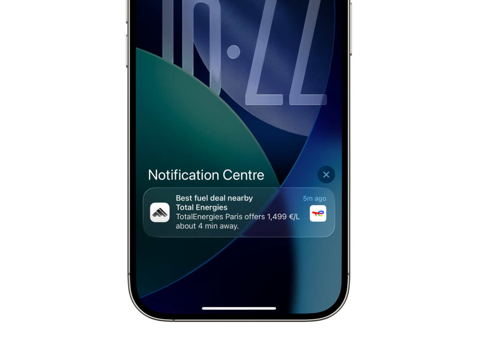 Illustration used in the Fillzz app: a nearby fuel deal notification on iPhone