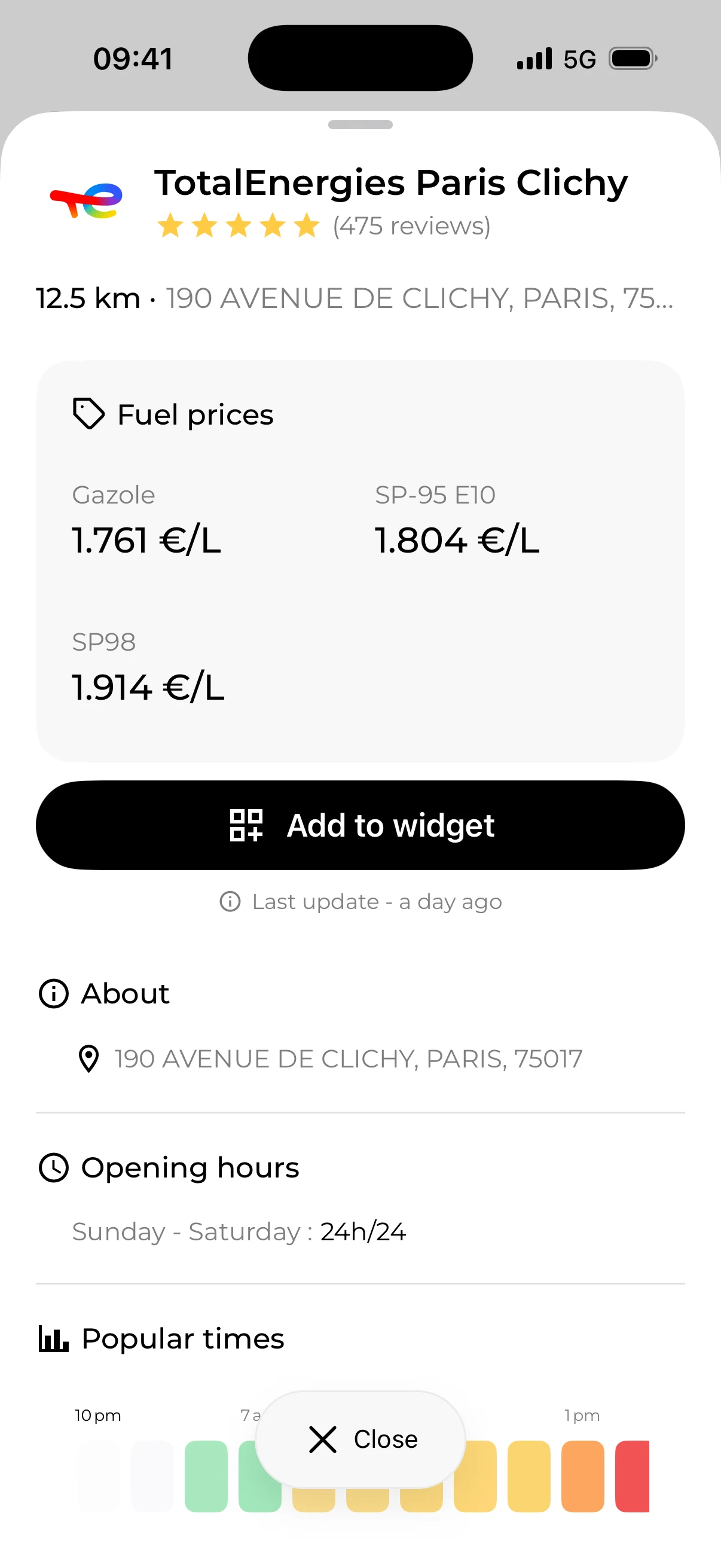 Fiche d’une station dans Fillzz avec les prix par carburant et les informations pratiques