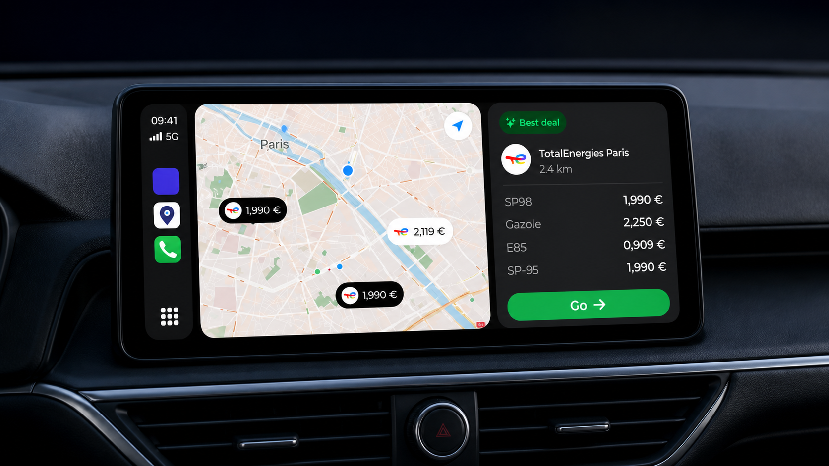 Illustration of Fillzz in a car, showing the CarPlay interface